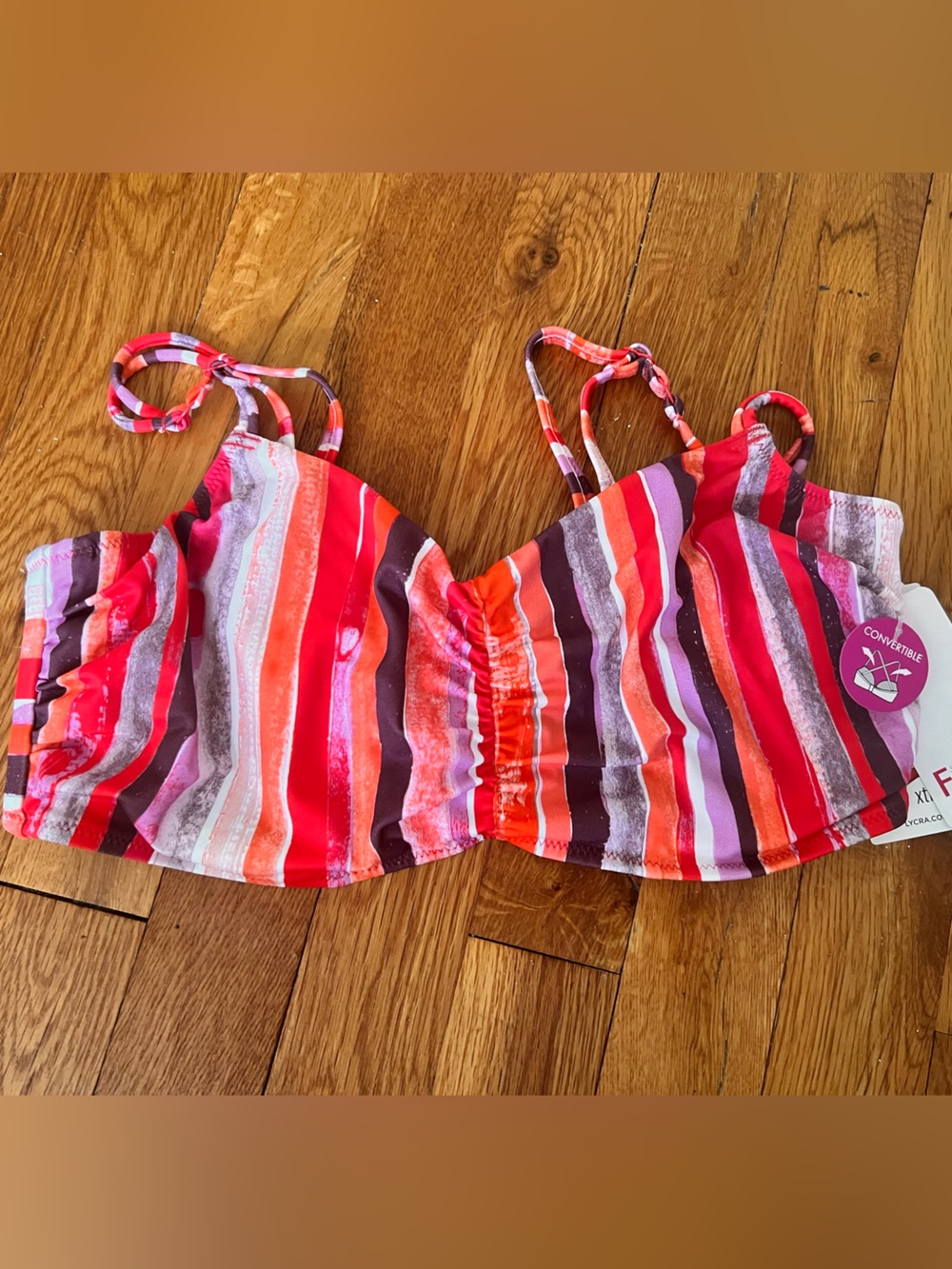 Freya Striped Convertible Bikini Top - Red, Pink, Orange in 32DDD